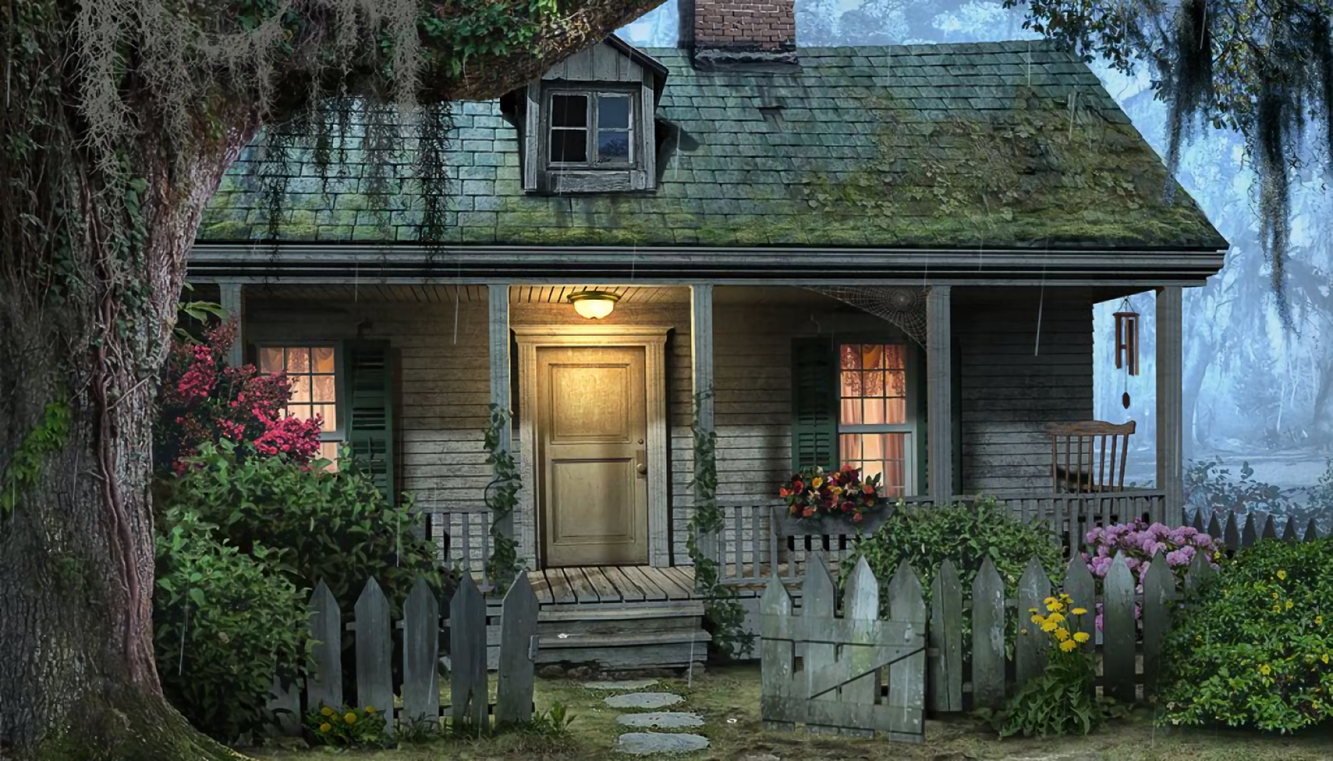 Artistic HD desktop wallpaper of a charming country house with a moss-covered roof, surrounded by a white picket fence, vibrant flowers, and a large tree in the yard.