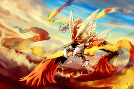 HD wallpaper featuring Mega Blaziken in an anime-style artwork. The powerful Pokémon is set against a vibrant, fiery background, capturing an action-packed moment. Tags: Mega Blaziken, Blaziken, Anime, Pokémon.