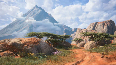 A stunning HD wallpaper from Uncharted 4: A Thief's End, featuring a vibrant landscape with a winding dirt path, lush vegetation, and majestic mountains under a dynamic sky.