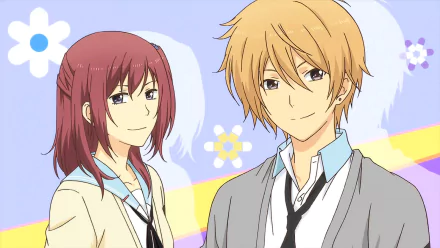 HD desktop wallpaper featuring Kazuomi Ooga and Rena Kariu from the anime ReLIFE, with a colorful background and floral motifs. Kazuomi has blond hair, while Rena has red hair.