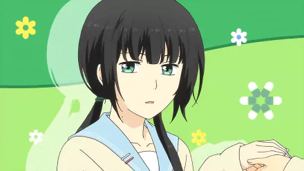 HD desktop wallpaper featuring Chizuru Hishiro, an anime character from ReLIFE, with black hair in a ponytail, set against a green background with floral designs.