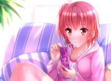 Yui Yuigahama from My Teen Romantic Comedy SNAFU enjoys a drink while lounging on a couch, featured in this vibrant HD desktop wallpaper.