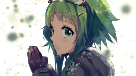 A beautifully detailed 4K Ultra HD wallpaper featuring GUMI, the popular Vocaloid character, captured in an anime style with vibrant green hair and a serene expression amidst a soft, snowy background.