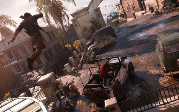 Nathan Drake leaps through a vibrant urban scene from *Uncharted 4: A Thief's End*, featuring striking HD visuals, dynamic action, and a hint of adventure amidst palm trees and vehicles.