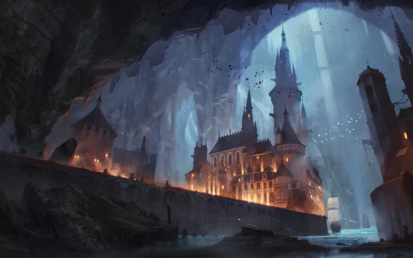 Fantasy underground city with towering spires bathed in soft light, set within a vast cavern. A striking HD PC desktop wallpaper showcasing a mystical landscape.
