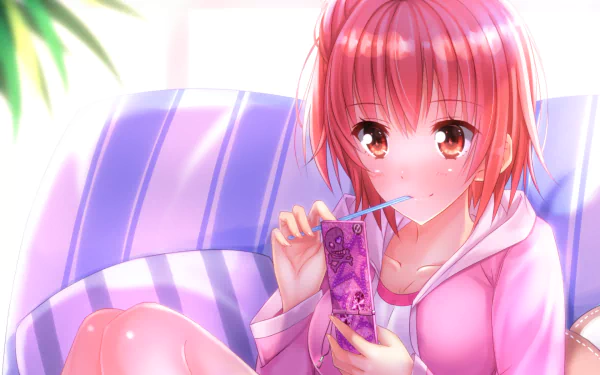 Yui Yuigahama from My Teen Romantic Comedy SNAFU enjoys a drink while lounging on a couch, featured in this vibrant HD desktop wallpaper.