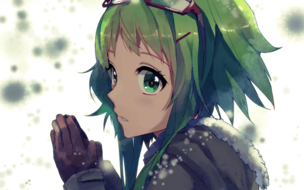 A beautifully detailed 4K Ultra HD wallpaper featuring GUMI, the popular Vocaloid character, captured in an anime style with vibrant green hair and a serene expression amidst a soft, snowy background.