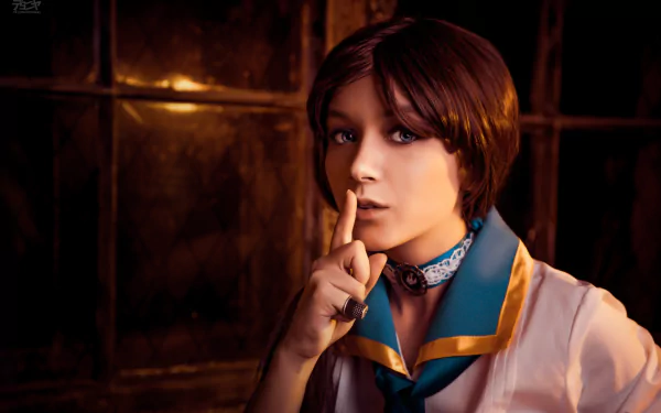 4K Ultra HD PC wallpaper featuring a woman cosplaying Elizabeth from Bioshock Infinite, set against a dimly lit, warm-toned background.