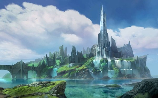 Fantasy City Castle Waterfall HD Wallpaper | Background Image