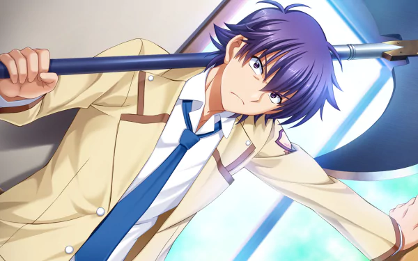 HD anime desktop wallpaper featuring Noda from Angel Beats! holding a weapon, with a bright sky backdrop and dynamic pose.