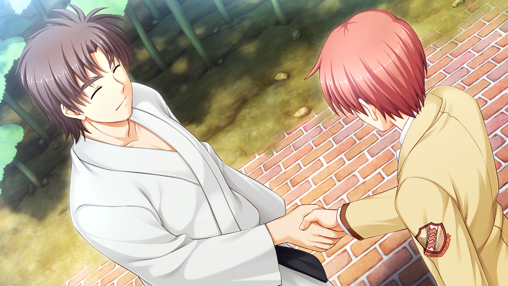 Yuzuru Otonashi and Matsushita from Angel Beats! shake hands outdoors on a brick path in this HD anime desktop wallpaper.