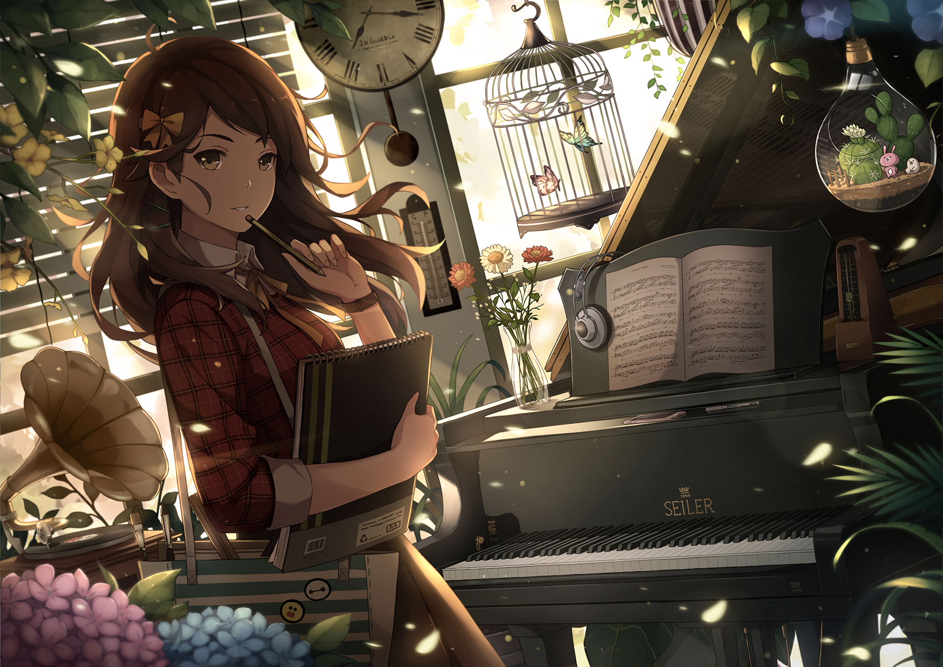 Anime-style original artwork featuring a girl holding books in a cozy, plant-filled room with a piano and various instruments. This HD desktop wallpaper and background exudes a serene and creative atmosphere.