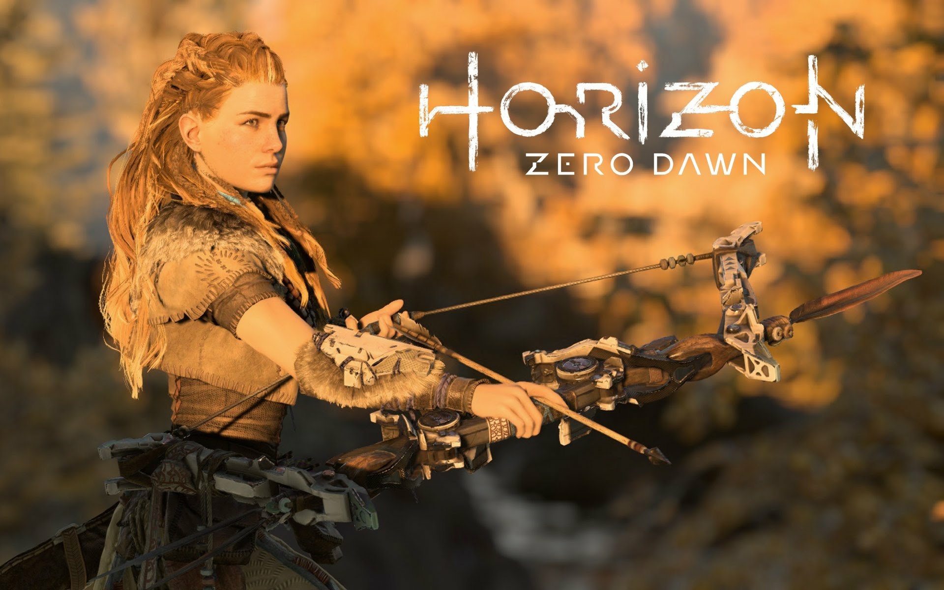 Aloy from Horizon Zero Dawn stands poised with her bow, surrounded by a vibrant landscape. This HD wallpaper captures the adventurous spirit of the popular video game series.
