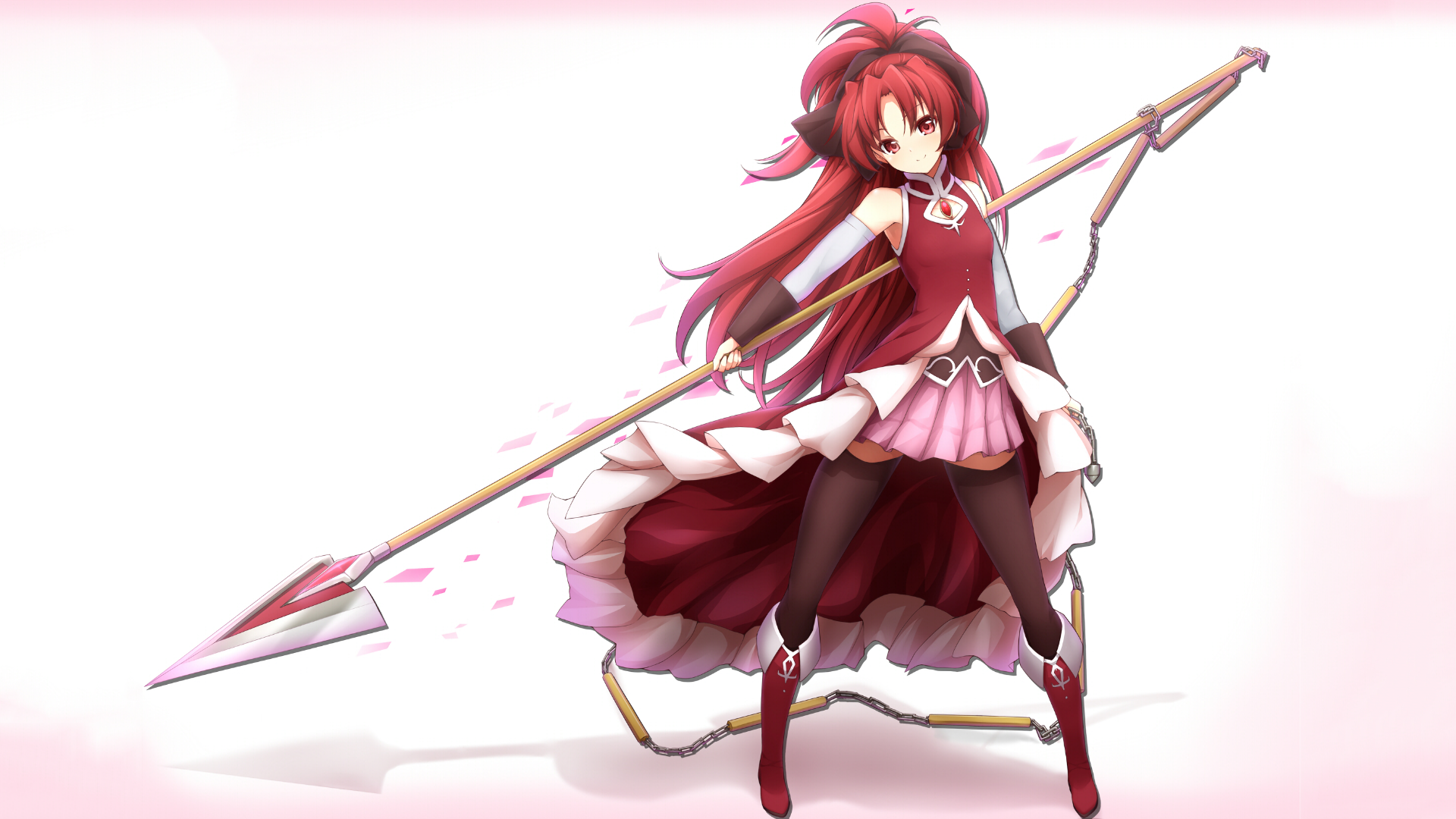 HD PC desktop wallpaper featuring Kyōko Sakura from the anime Puella Magi Madoka Magica, showcasing her dynamic pose with her signature spear.