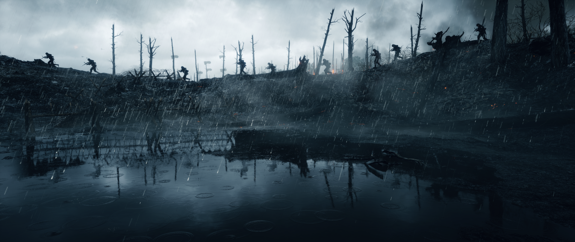 A dramatic HD wallpaper from Battlefield 1, showcasing soldiers silhouetted against a stormy, war-torn landscape with rain and a reflective pool in the foreground.