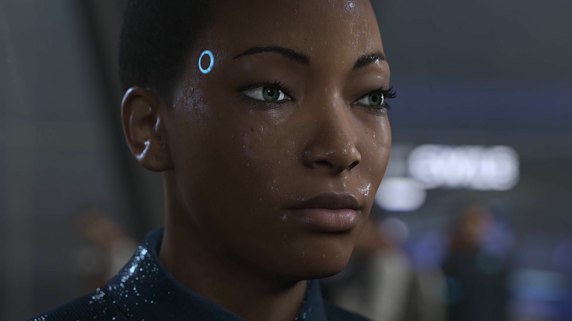 HD PC desktop wallpaper of an android from the video game Detroit: Become Human — close-up portrait with a glowing temple LED and a blurred futuristic background.