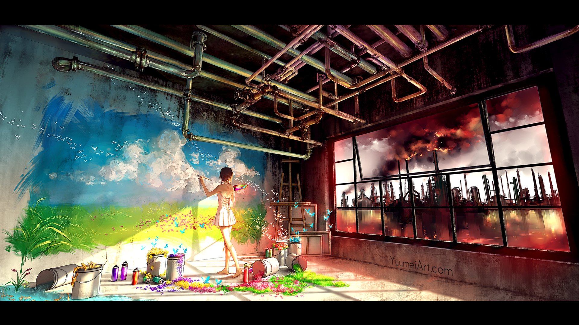 Anime-inspired HD desktop wallpaper with a girl painting a butterfly and vibrant scenery on a wall, while a window shows a smoky, fiery city outside. Tags: smoke, fire, paint, butterfly, Anime, Original.