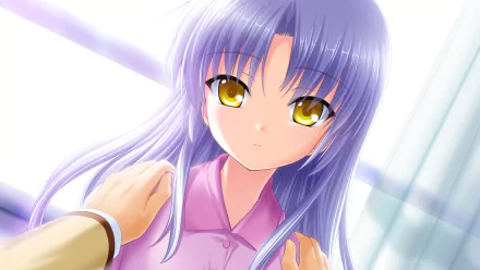 HD PC wallpaper featuring Kanade Tachibana from the anime Angel Beats!, with her violet hair and golden eyes highlighted in soft lighting.