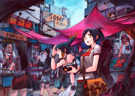 An anime scene featuring a girl with short hair and blue eyes holding a camera in a vibrant market setting, surrounded by colorful stalls and bustling activity. HD desktop wallpaper.