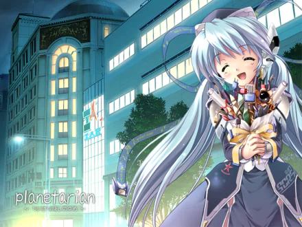 Yumemi Hoshino from Planetarian: The Reverie of a Little Planet smiles warmly, holding a bouquet, set against a city backdrop in this HD anime desktop wallpaper.