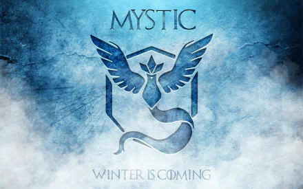 HD desktop wallpaper featuring Team Mystic's emblem from Pokemon Go against a wintry backdrop, with the text Mystic and Winter is Coming on the image.