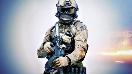 HD PC desktop wallpaper: Battlefield 4 video game soldier in tactical gear and helmet, gripping a rifle weapon against a smoky, light-streaked background.
