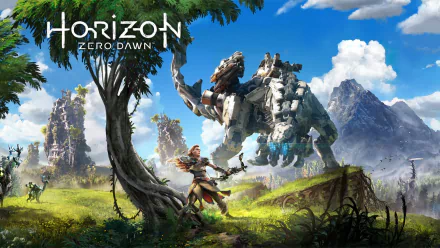 A captivating HD wallpaper from Horizon Zero Dawn, featuring Aloy on an adventure, showcasing a stunning landscape with a robotic creature amidst vibrant nature.