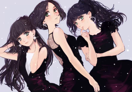 HD anime desktop wallpaper featuring three original characters with sparkles, green eyes, and varying purple hairstyles from short to long, all dressed in black.
