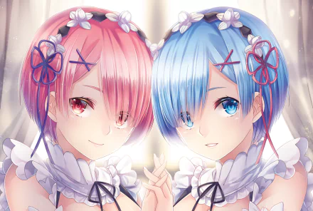 HD desktop wallpaper featuring anime characters Ram and Rem from Re:Zero - Starting Life in Another World, with Ram having pink hair and Rem having blue hair. Both have short hair and blue eyes.