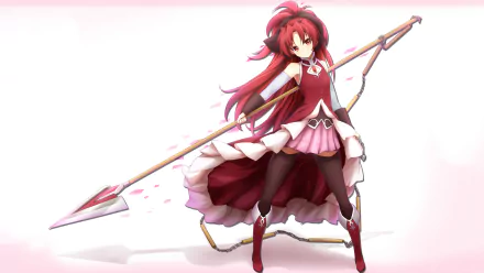 HD PC desktop wallpaper featuring Kyōko Sakura from the anime Puella Magi Madoka Magica, showcasing her dynamic pose with her signature spear.