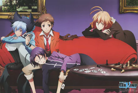 Anime Servamp HD wallpaper featuring characters lounging on and beside a red couch. Playing cards and a chessboard are on the table in front. This vibrant background adds a lively anime aesthetic to any desktop.