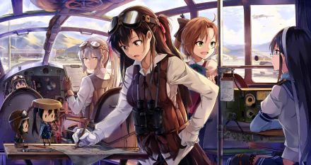 A dynamic HD anime scene featuring the Little Girl Admiral Ooyodo and Fairy Akigumo from Kantai Collection, set in an aircraft cockpit with fellow admirals, capturing their adventurous spirit.