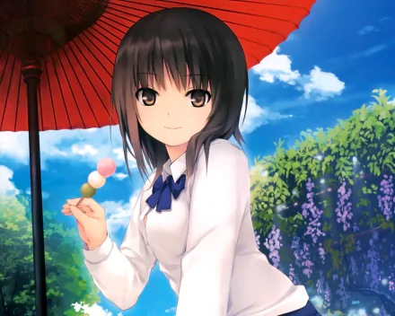 Anime original HD PC desktop wallpaper: young girl in white blouse with blue ribbon under a red parasol, holding dango against a blue sky and wisteria-lined garden background.