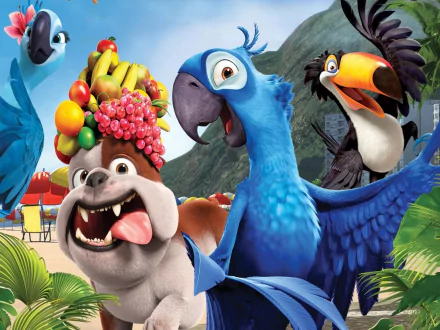 Vibrant HD desktop wallpaper from the movie Rio, featuring animated characters including colorful birds and a playful dog against a tropical backdrop.