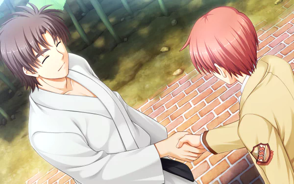 Yuzuru Otonashi and Matsushita from Angel Beats! shake hands outdoors on a brick path in this HD anime desktop wallpaper.