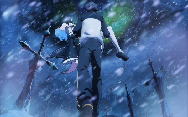 Anime Re:ZERO -Starting Life in Another World- Rem Subaru Natsuki Emilia Snow Blue Hair Black Hair Sword HD Wallpaper | Background Image