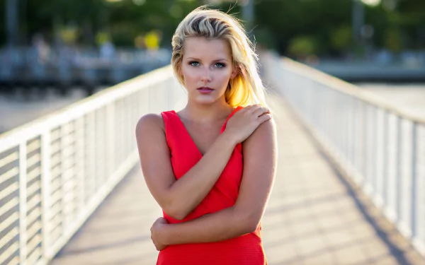 outdoor blue eyes red dress blonde woman model HD Desktop Wallpaper | Background Image
