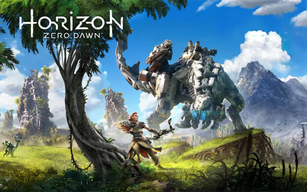 A captivating HD wallpaper from Horizon Zero Dawn, featuring Aloy on an adventure, showcasing a stunning landscape with a robotic creature amidst vibrant nature.