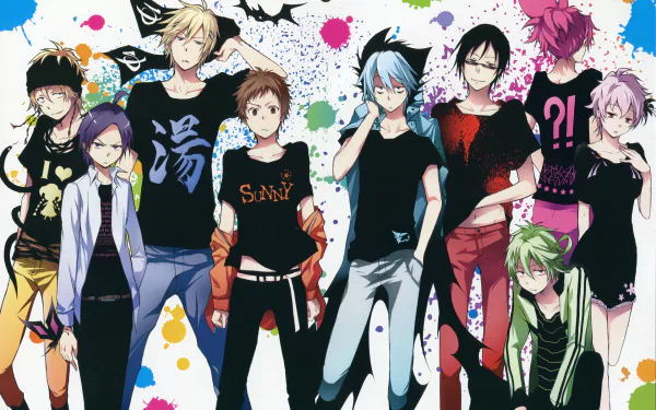 HD wallpaper featuring characters from the anime Servamp, showcasing a diverse cast against a colorful, splattered background.