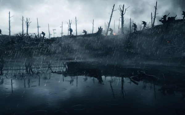 A dramatic HD wallpaper from Battlefield 1, showcasing soldiers silhouetted against a stormy, war-torn landscape with rain and a reflective pool in the foreground.