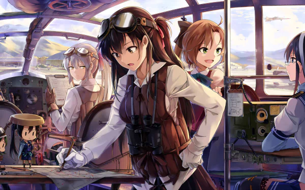 A dynamic HD anime scene featuring the Little Girl Admiral Ooyodo and Fairy Akigumo from Kantai Collection, set in an aircraft cockpit with fellow admirals, capturing their adventurous spirit.