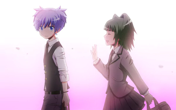 A vibrant HD wallpaper featuring Nagisa Shiota and Kaede Kayano from *Assassination Classroom*, set against a soft pink gradient background.