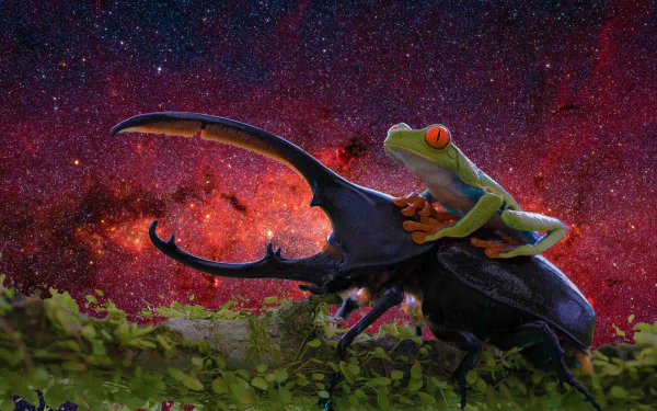  red eyed treefrog riding a hercules beetle