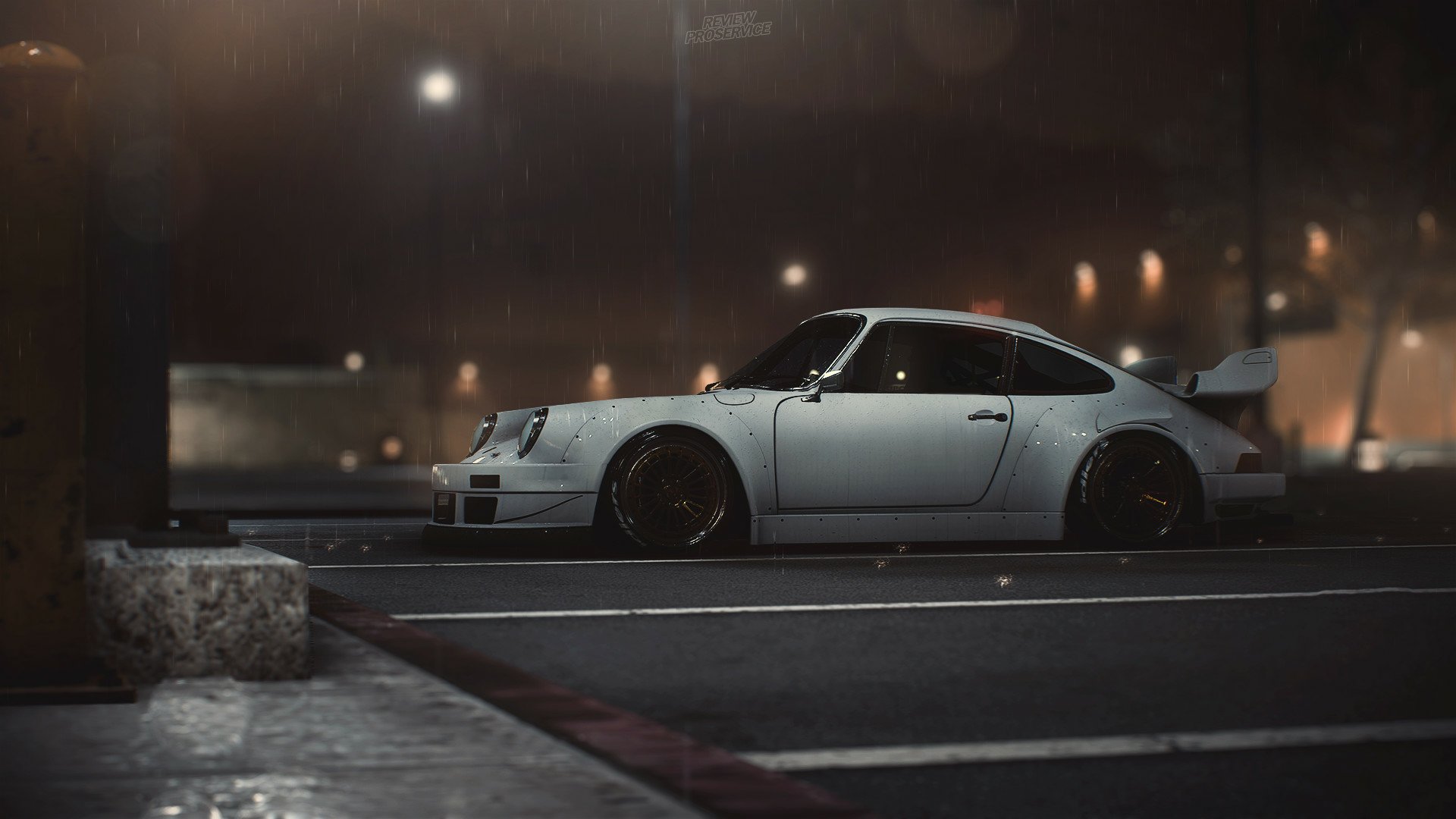 HD PC desktop wallpaper/background from the video game Need For Speed (2015): white classic Porsche-style sports car parked at night under streetlights, wet pavement and blurred city lights.