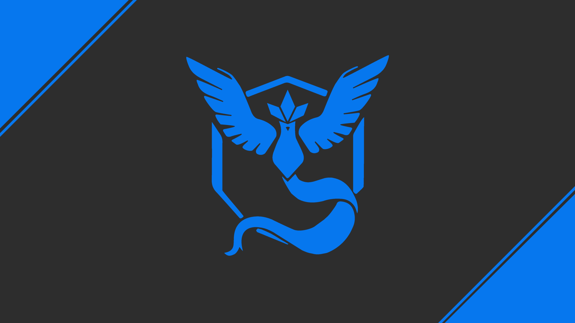 HD desktop wallpaper featuring Articuno, the legendary Pokémon, as the emblem of Team Mystic from Pokémon Go. The design is set against a sleek black and blue background.