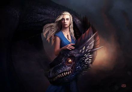 HD PC desktop wallpaper featuring a dragon and a woman inspired by the Game of Thrones TV show, with dark, dramatic lighting and detailed fantasy elements.