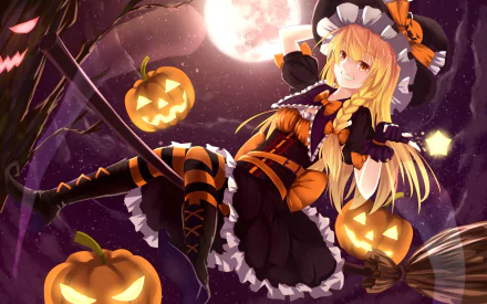 Anime Halloween scene featuring Marisa Kirisame with yellow eyes and braided blonde hair, wearing a witch hat, smiling under a moonlit night surrounded by glowing pumpkins.