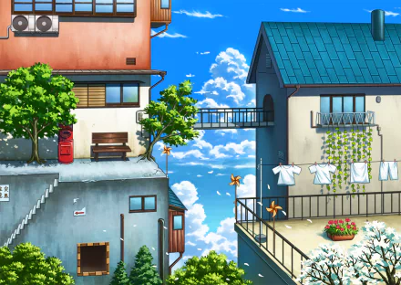 Anime-style HD PC desktop wallpaper depicting two detailed buildings connected by a sky bridge, set against a bright blue sky with fluffy clouds.