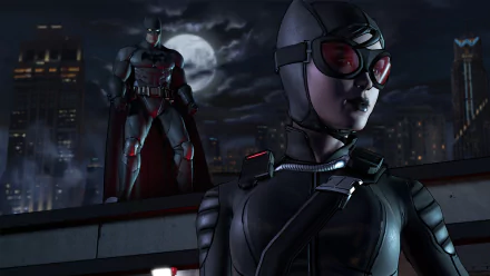HD PC wallpaper featuring Catwoman (Selina Kyle) in the foreground and Batman (Bruce Wayne) under a full moon from the video game Batman - The Telltale Series.
