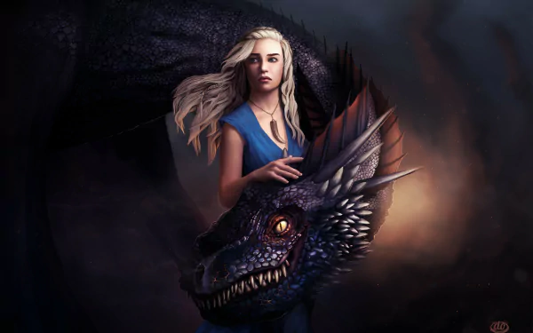 HD PC desktop wallpaper featuring a dragon and a woman inspired by the Game of Thrones TV show, with dark, dramatic lighting and detailed fantasy elements.